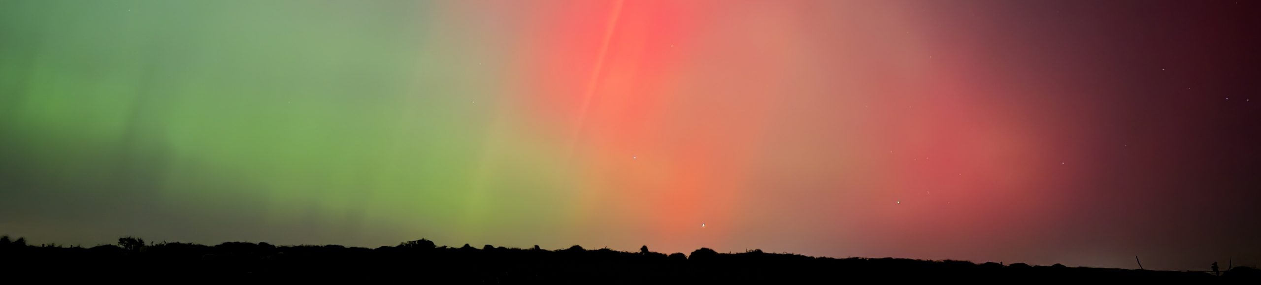 A colourful aurora display with shades of red and green over a dark horizon.